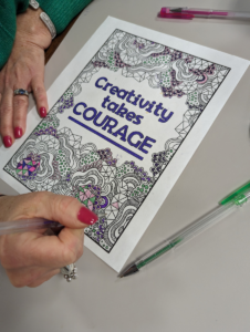 coloring page that says "creativity takes courage"