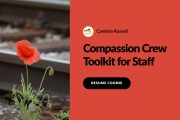 Image of a red flower next to railroad tracks with the title Compassion Crew toolkit for staff.