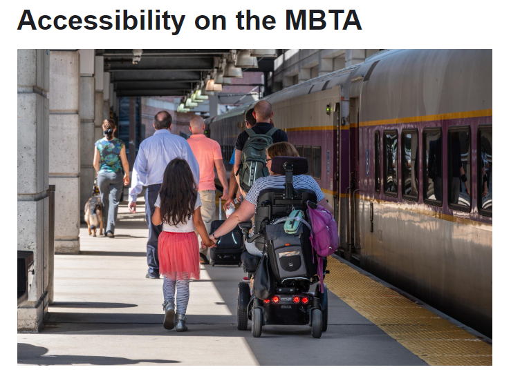 an image with the words Accessibility on the MBTA. the image is of people boarding an MBTA Commutter rail train. there is a white women rideing a powered whell chair while holding the hand of an elementary school age child with long dark brown hair and a pink scurt in the foreground